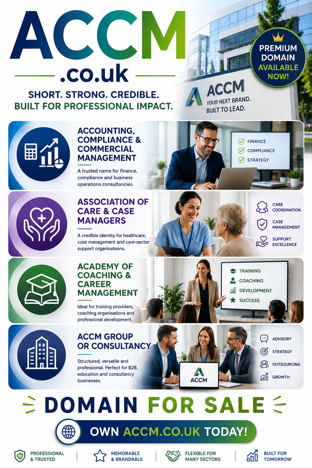 Promotional graphic featuring the domain ACCM.co.uk, shown with corporate branding panels, healthcare, training and consultancy icons. Style: bright modern professional design.