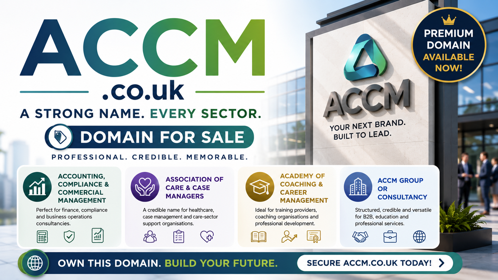 Promotional graphic featuring the domain ACCM.co.uk, shown with corporate branding panels, healthcare, training and consultancy icons. Style: bright modern professional design.