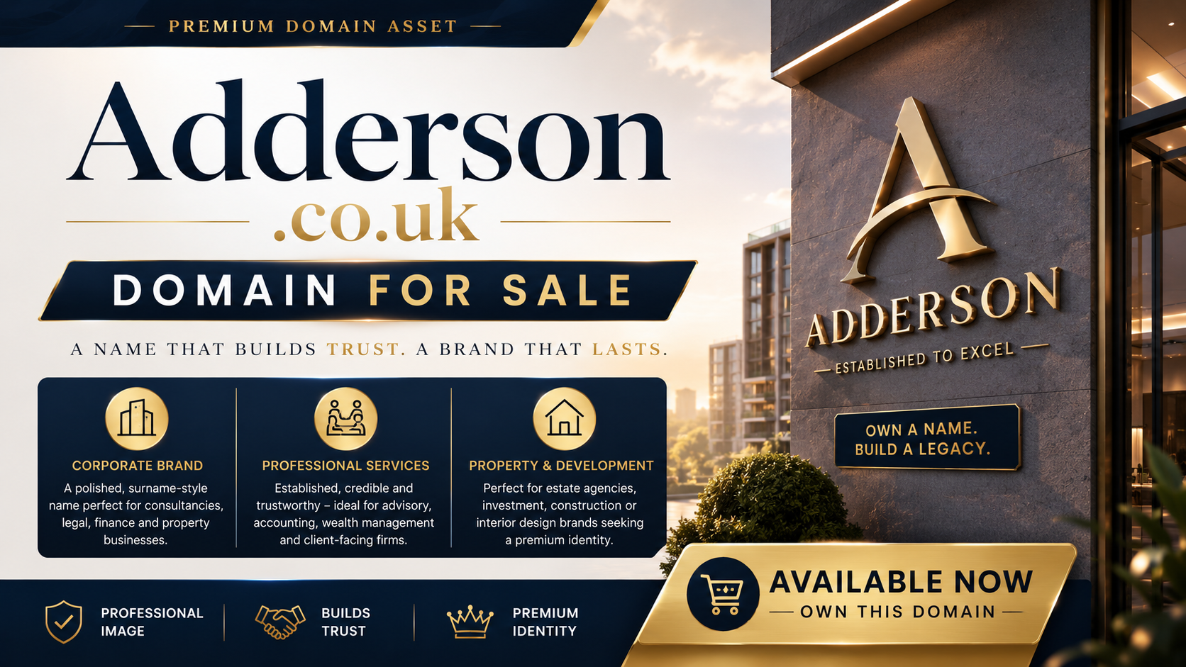 Promotional banner featuring the domain adderson.co.uk with luxury office branding and modern property visuals. Style: premium corporate elegance.