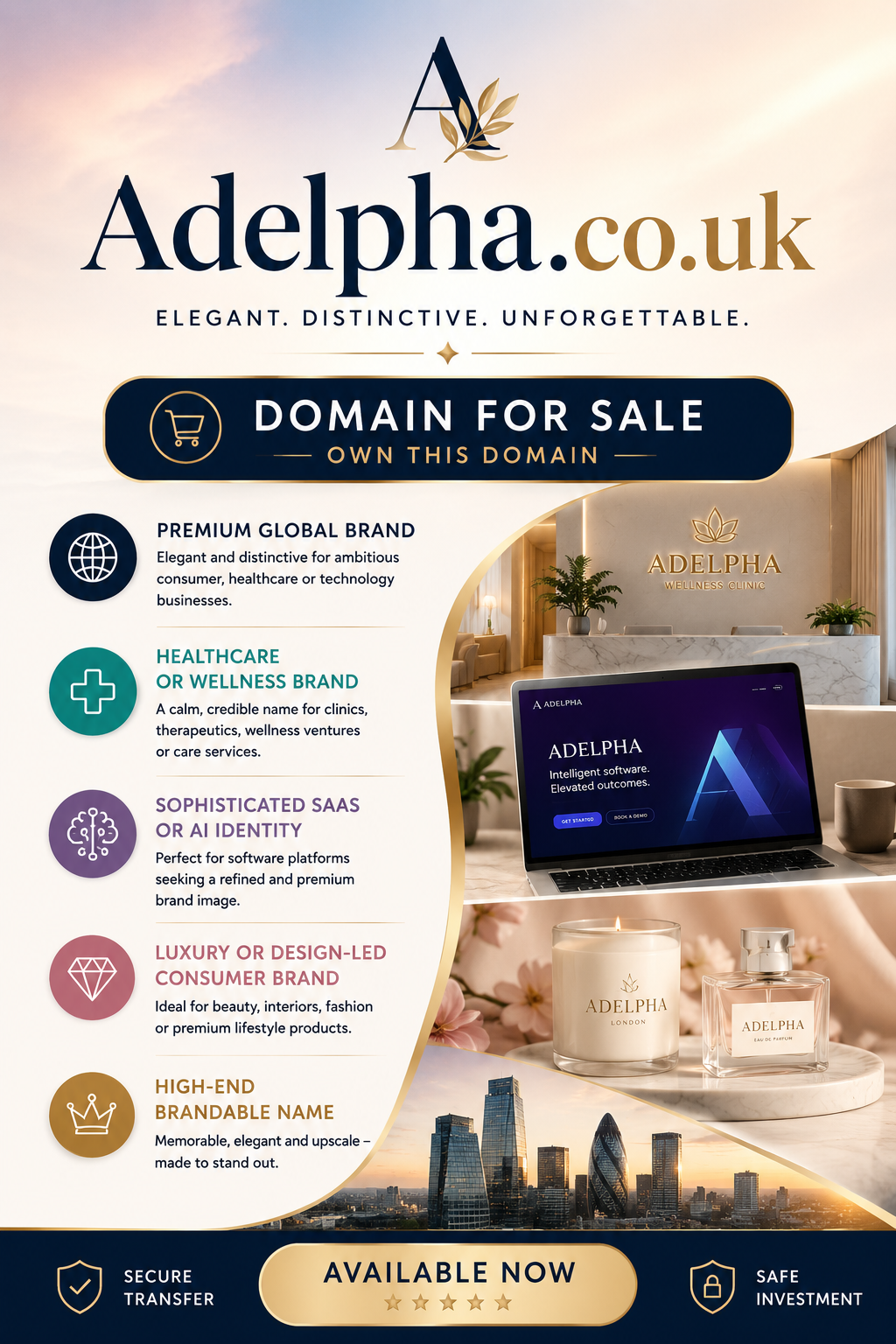 Promotional domain graphic featuring the domain Adelpha.co.uk, shown with luxury branding elements and a premium monogram. Style: elegant, upscale and modern.