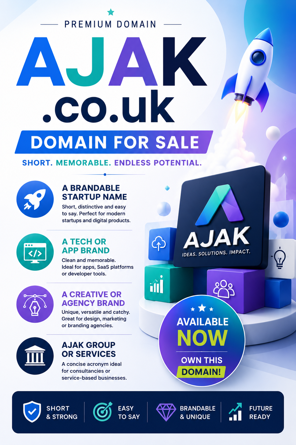 Promotional graphic featuring the domain AJAK.co.uk with abstract tech visuals, startup branding and bold for-sale messaging. Style: modern and vibrant.