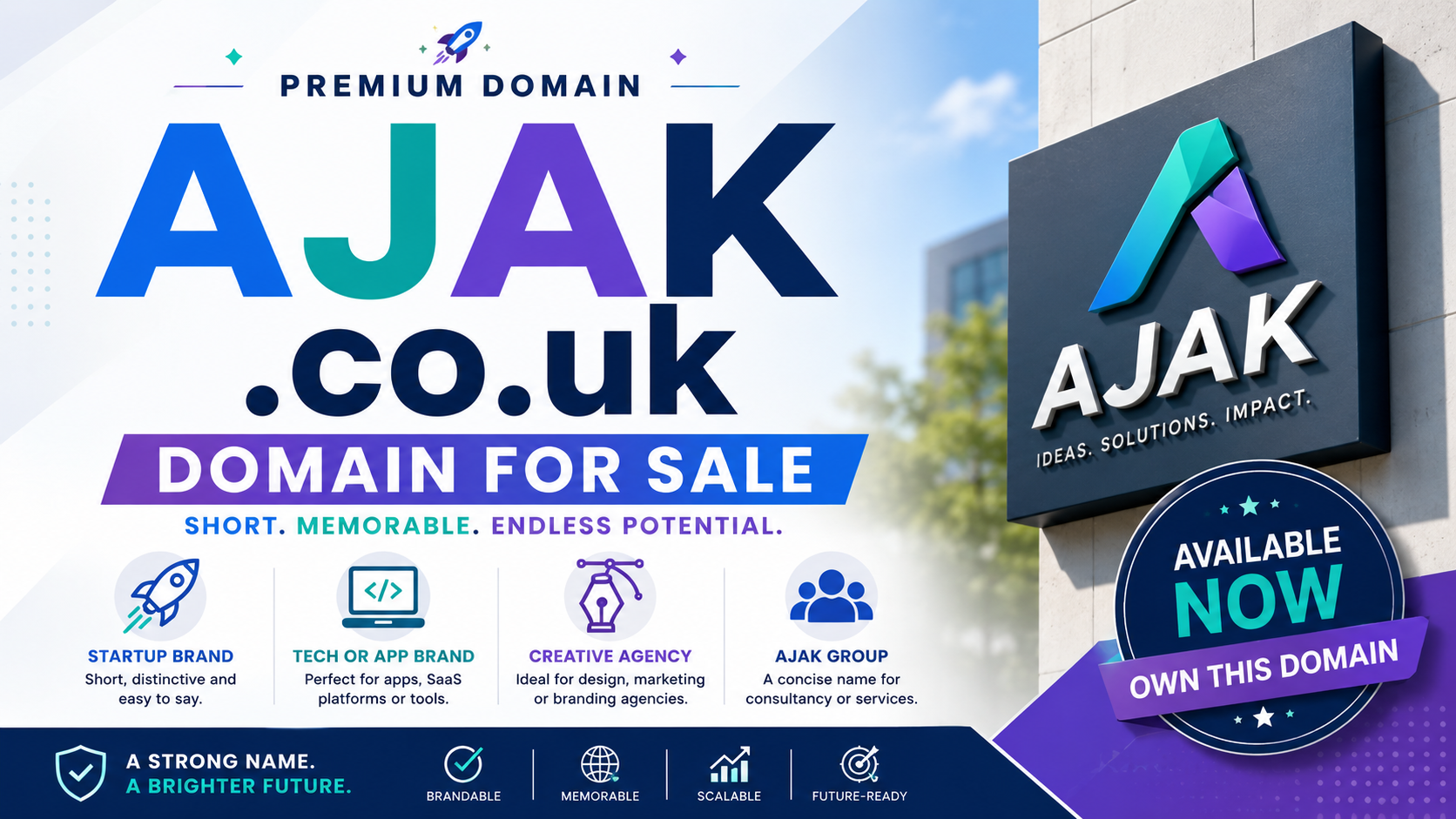 Promotional graphic featuring the domain AJAK.co.uk with abstract tech visuals, startup branding and bold for-sale messaging. Style: modern and vibrant.