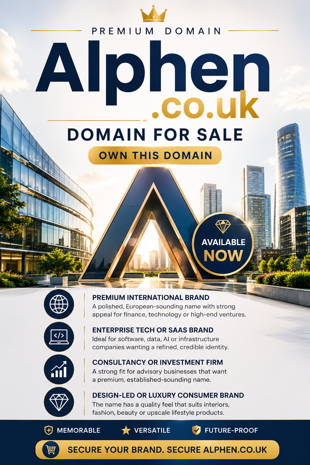 Promotional graphic featuring the domain Alphen.co.uk, shown with skyline architecture and premium brand icons. Style: modern luxury.
