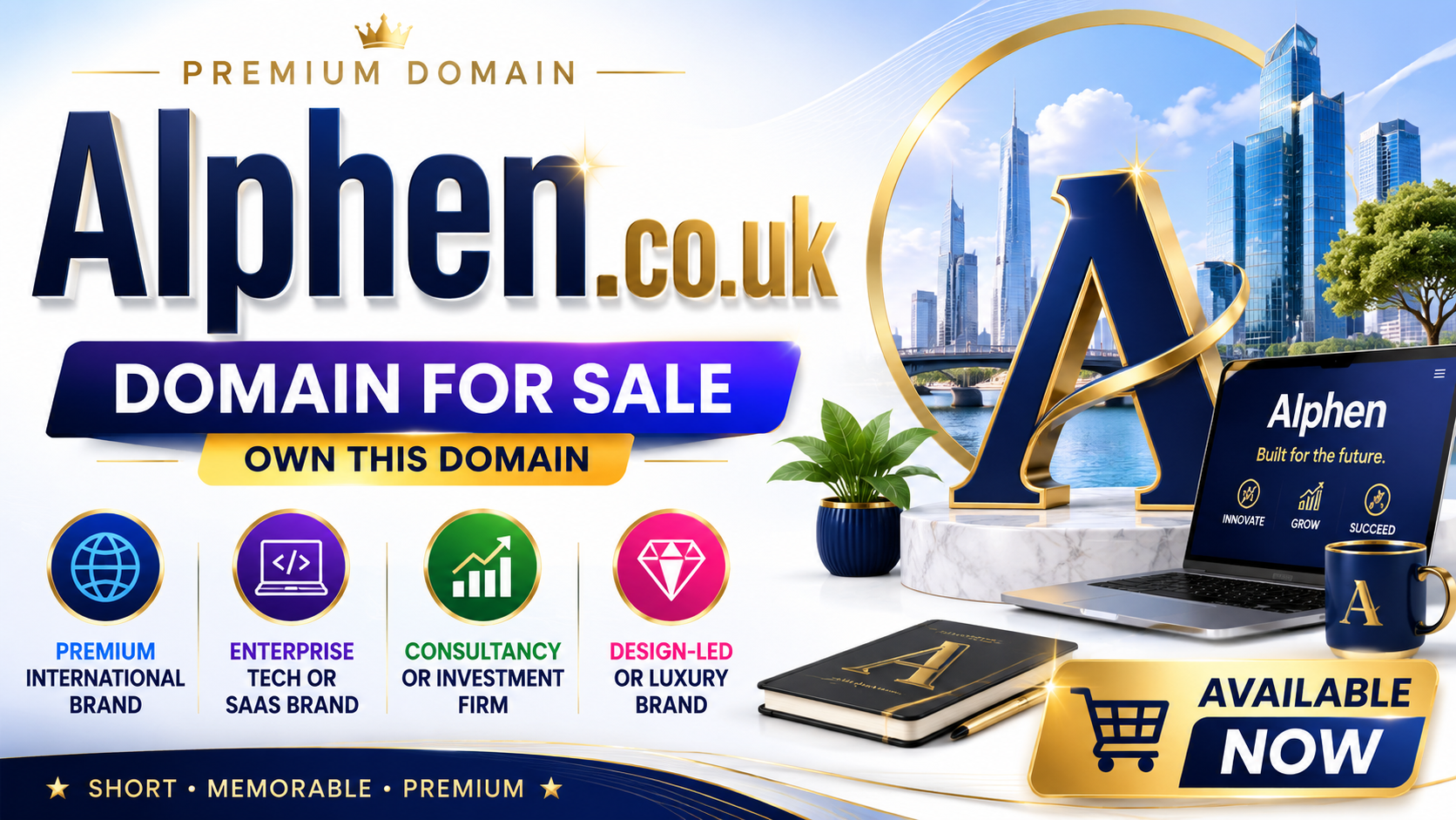 Promotional graphic featuring the domain Alphen.co.uk, shown with skyline architecture and premium brand icons. Style: modern luxury.