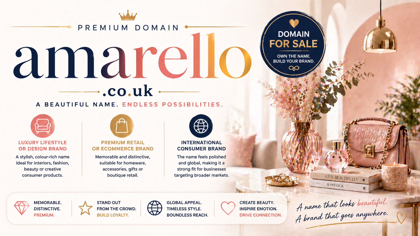 Promo banner featuring the domain amarello.co.uk with luxury interior decor, handbag and perfume styling, in a soft pastel premium lifestyle layout.