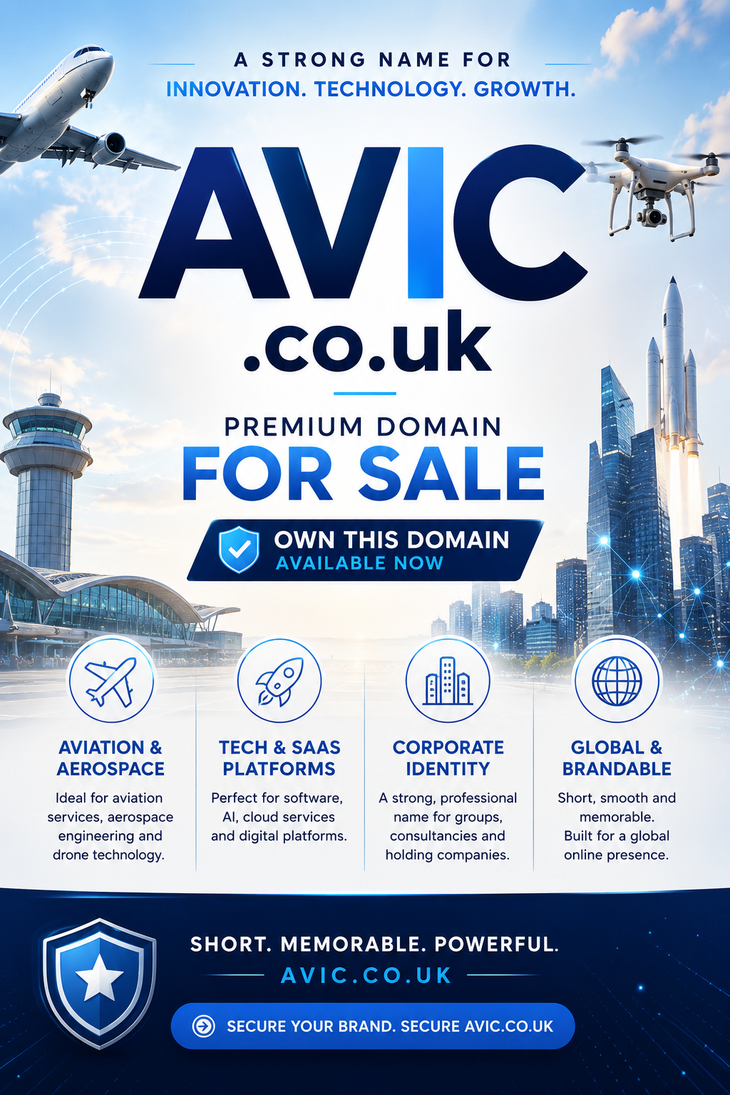 Promotional graphic featuring the domain AVIC.co.uk with aircraft, drones and futuristic tech visuals. Style: modern corporate.