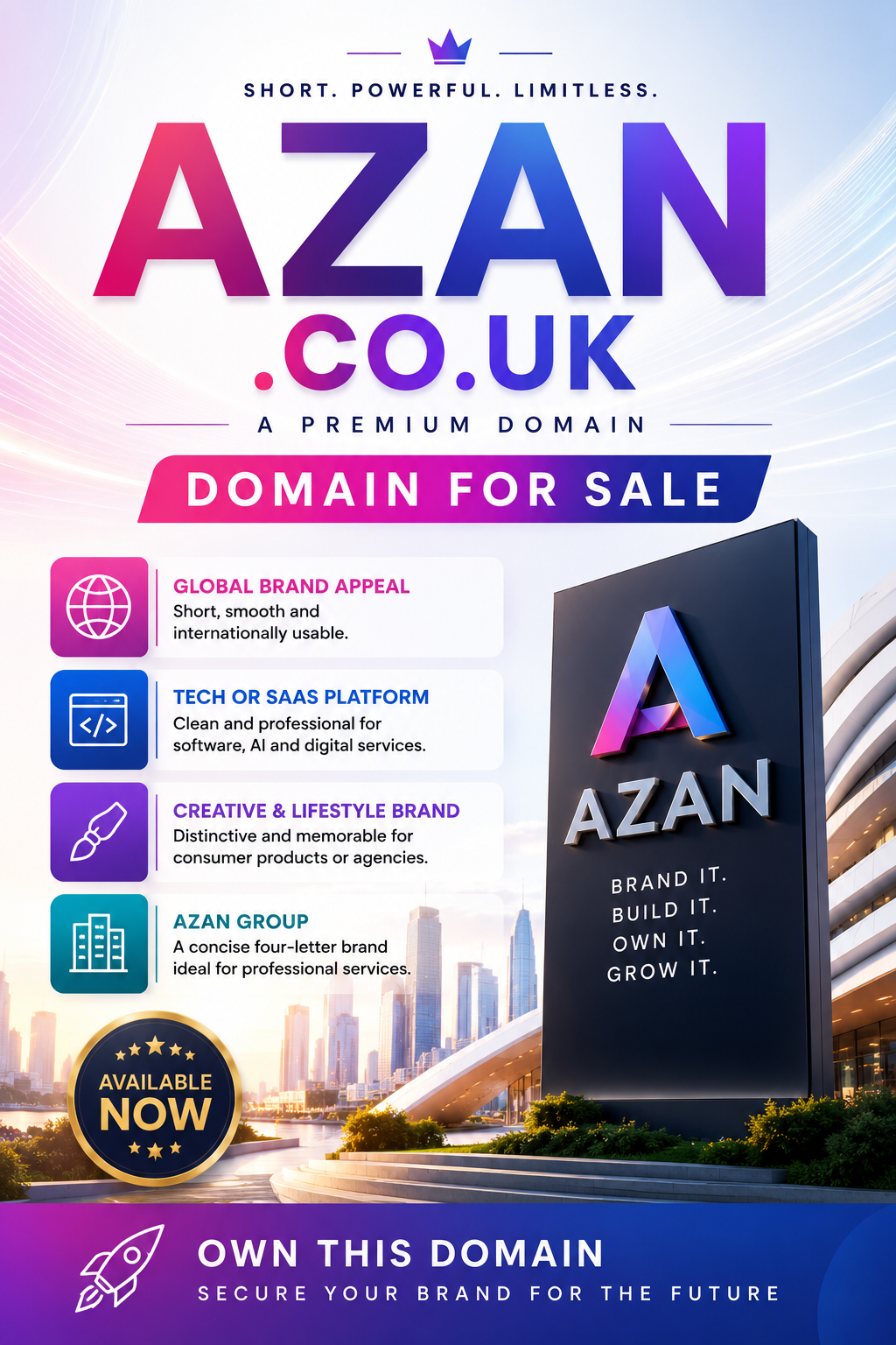 Promotional graphic featuring the domain Azan.co.uk with global map, modern branding tower and tech icons. Style: bright futuristic.