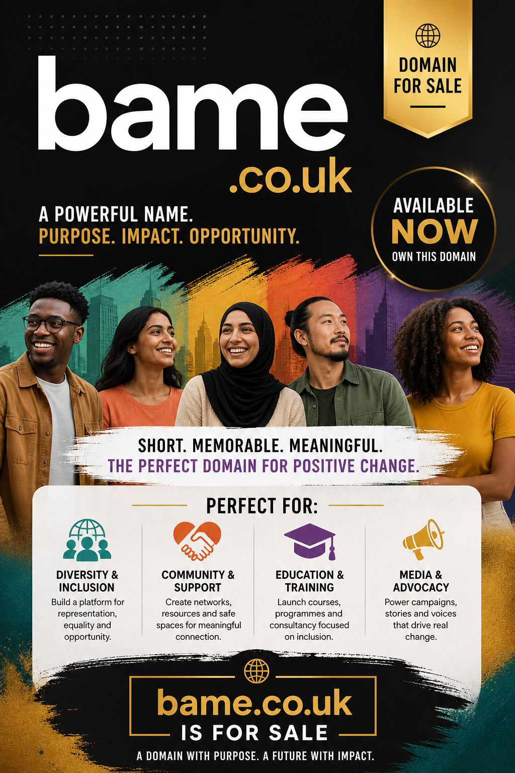 Promotional poster featuring the domain bame.co.uk, shown with diverse people and bold sale badge. Style: modern, vibrant