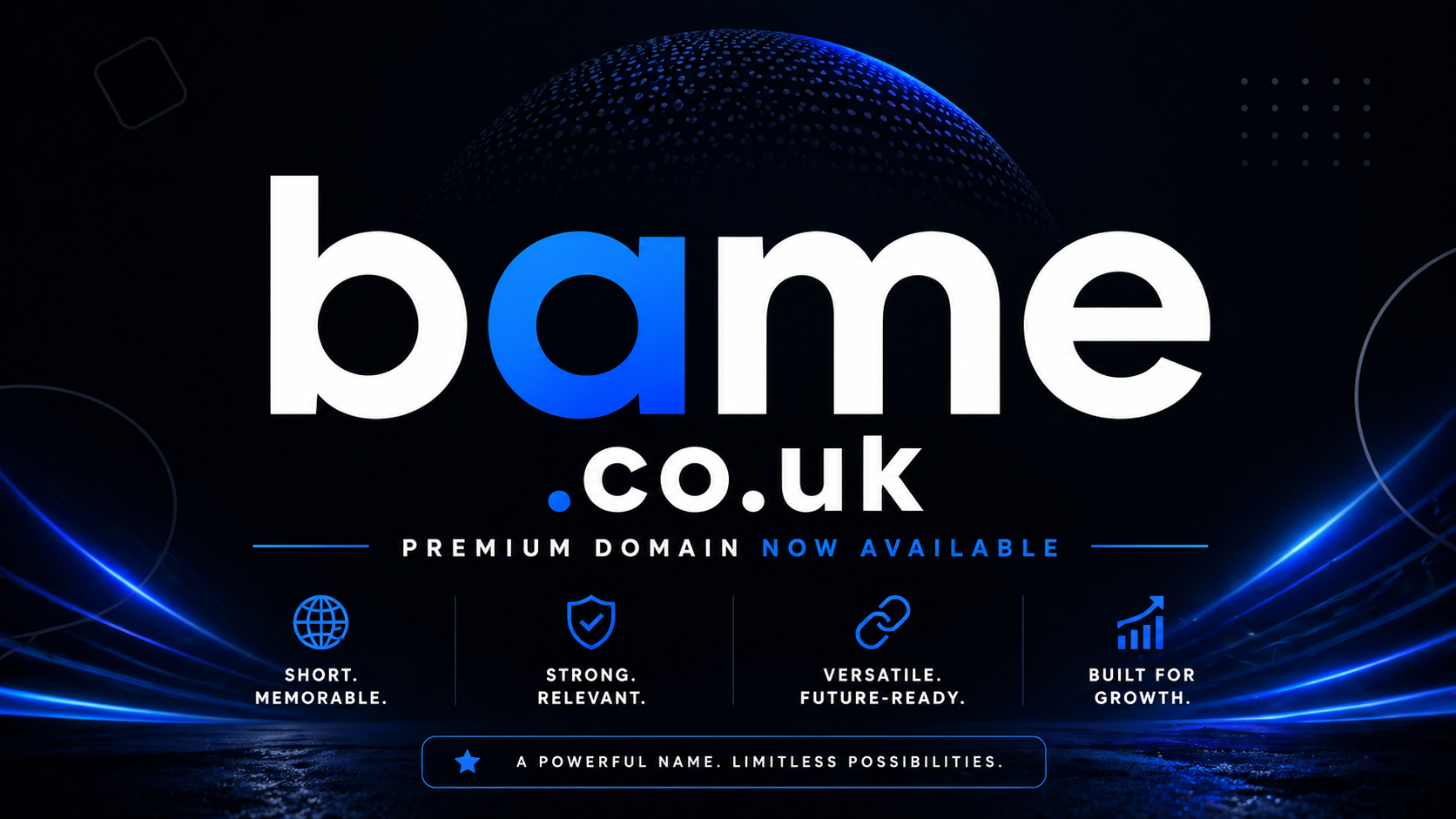 Domain-for-sale graphic featuring the domain BAME.co.uk with bold gradient text and minimal abstract shapes. Style: clean, modern, premium.