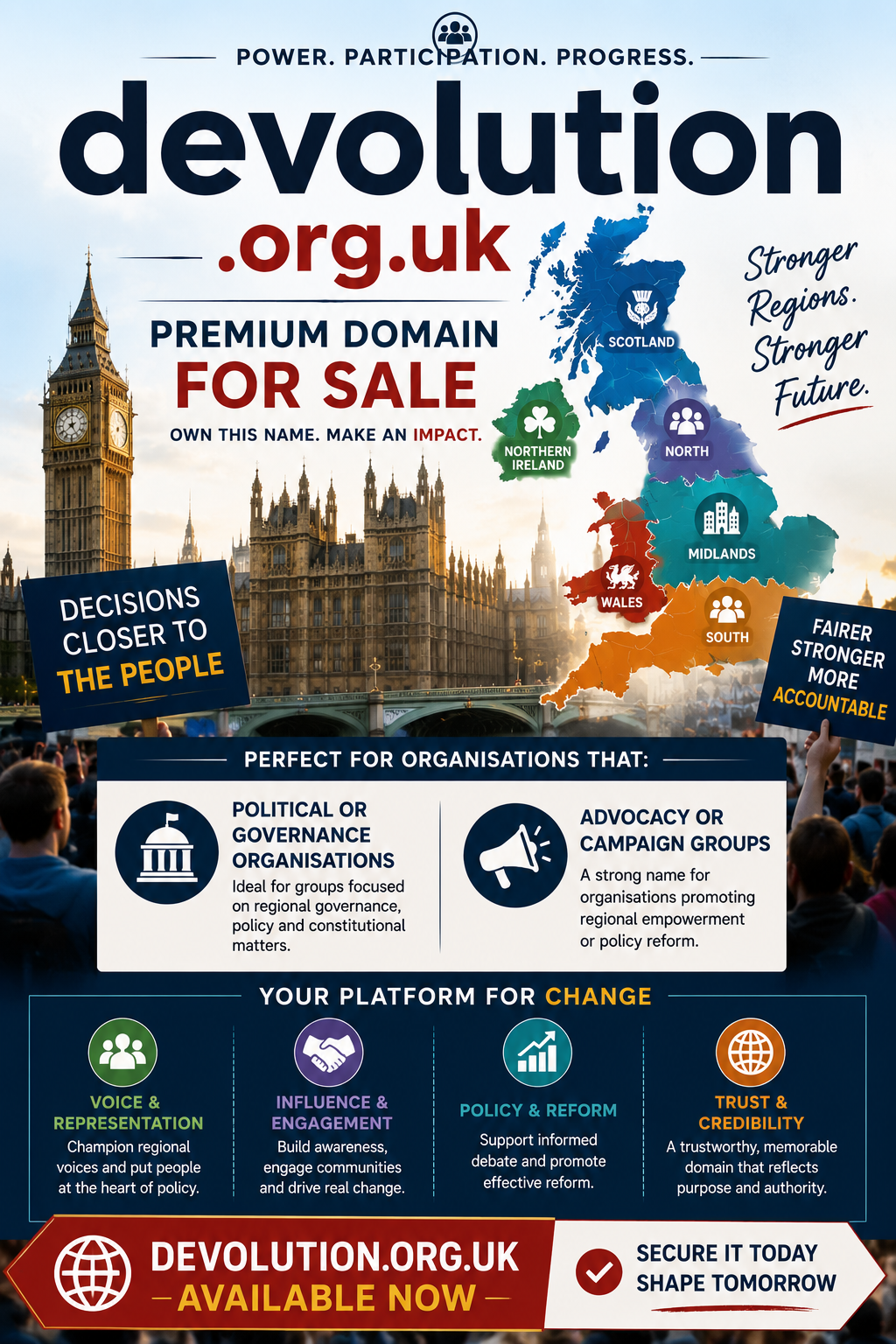 Political-themed graphic for devolution.org.uk with UK governance map, parliament imagery and campaign visuals.