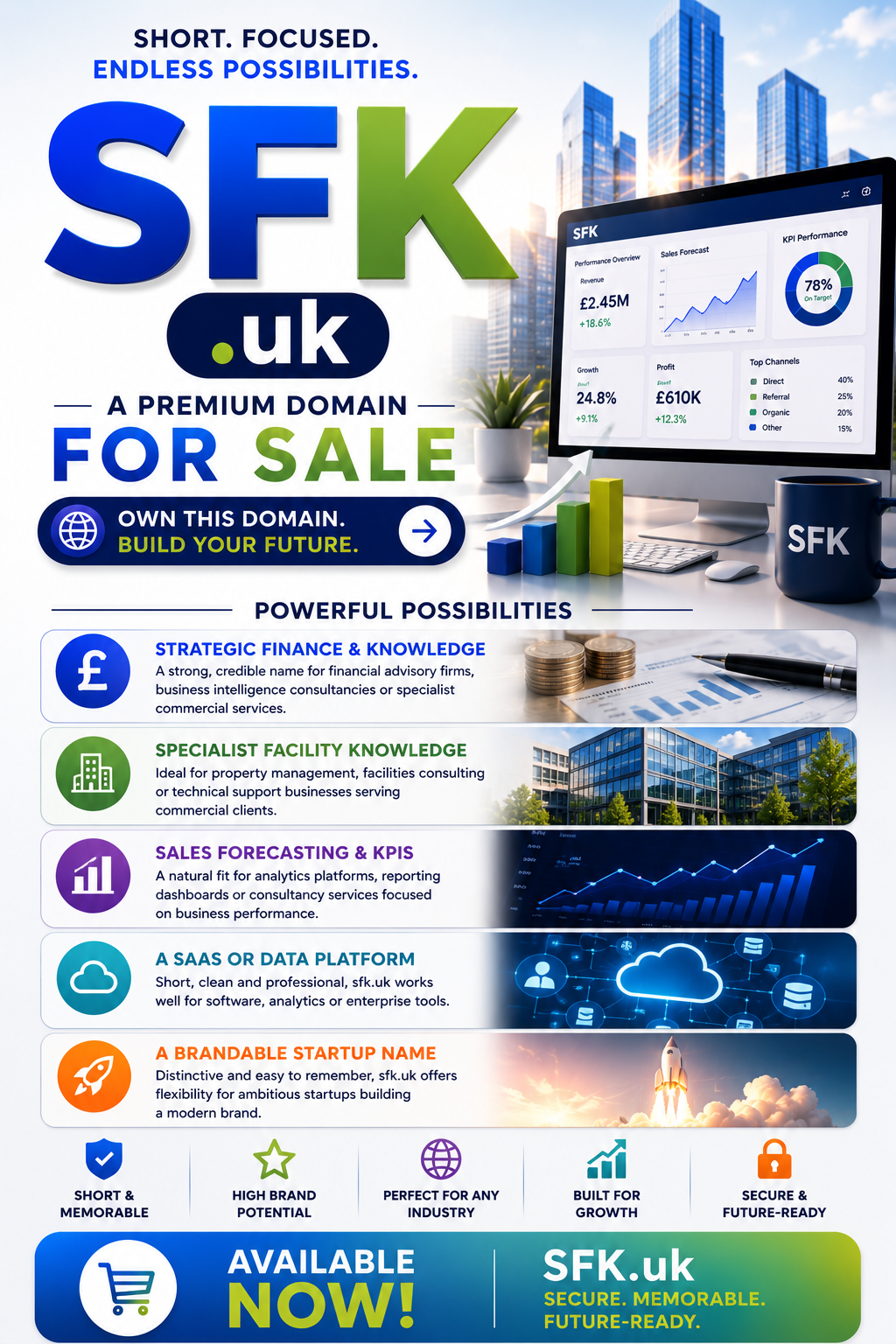 Promotional graphic for SFK.uk with analytics dashboards, finance icons and enterprise branding. Style: bright modern corporate.
