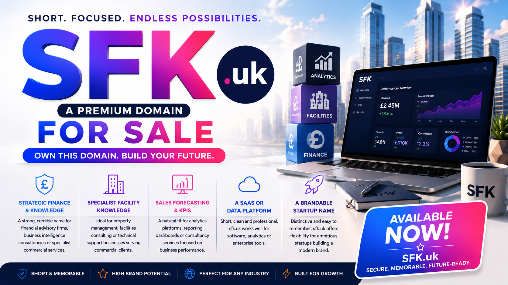Promotional graphic for SFK.uk with analytics dashboards, finance icons and enterprise branding. Style: bright modern corporate.
